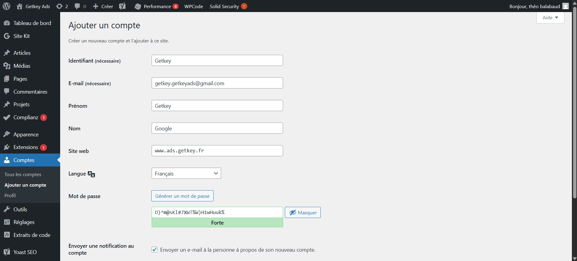Formulaire rempli (identifiant Getkey, e-mail de service)