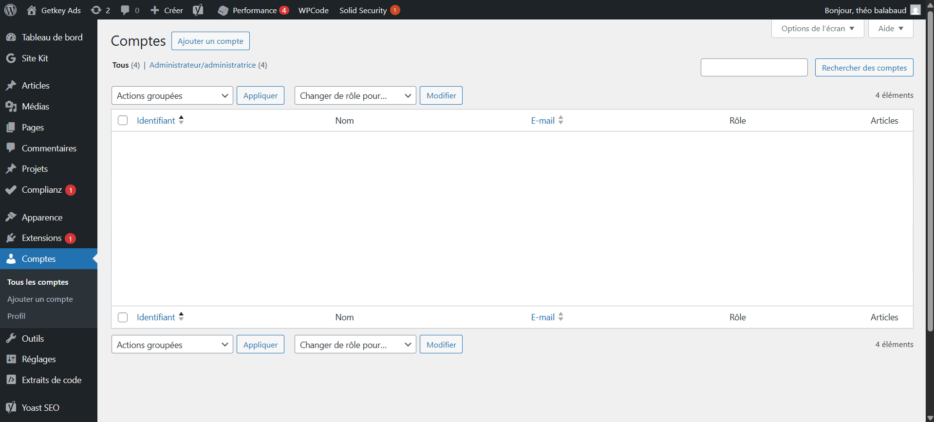 WordPress : écran « Ajouter un compte »