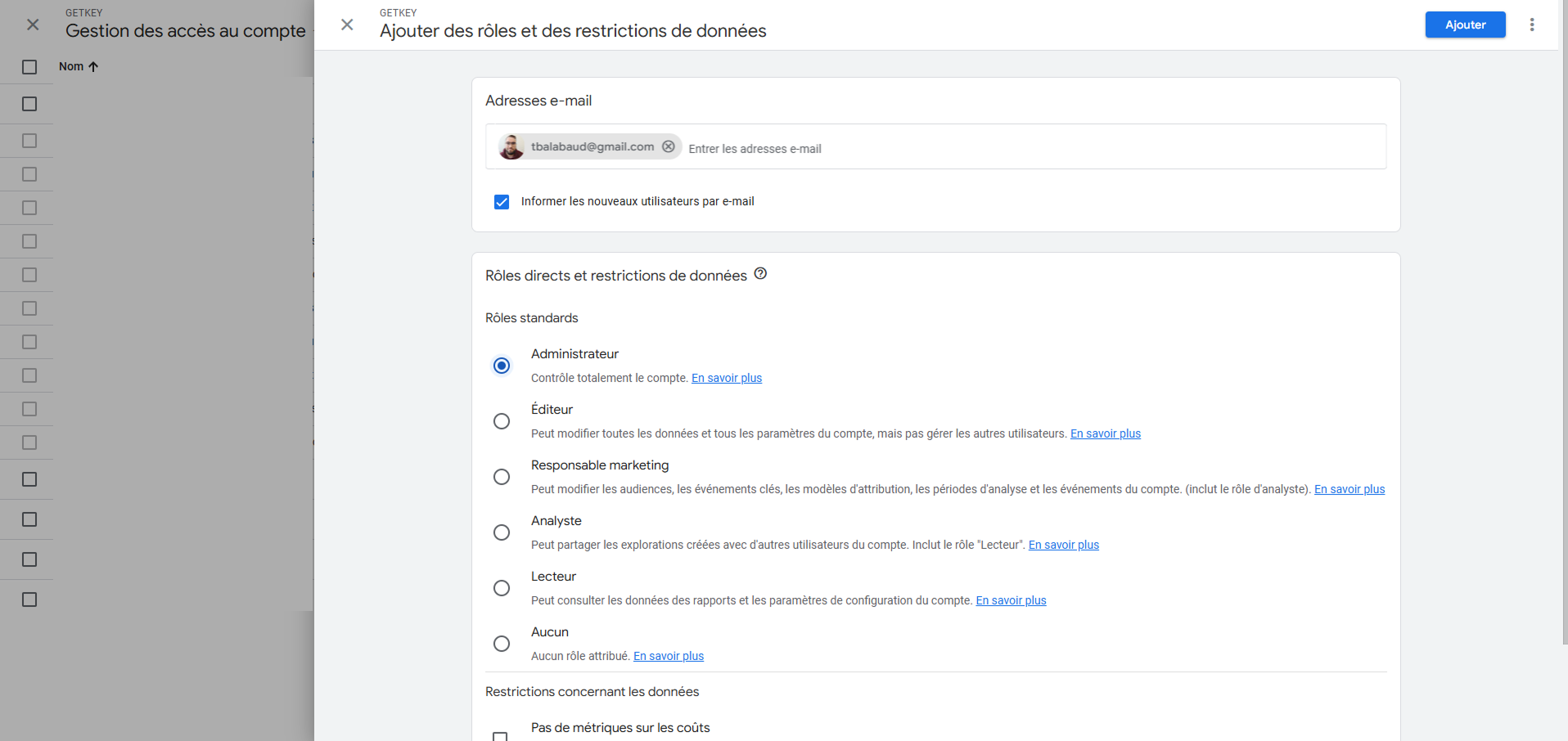 Modale GA4 - Ajouter des rôles et restrictions