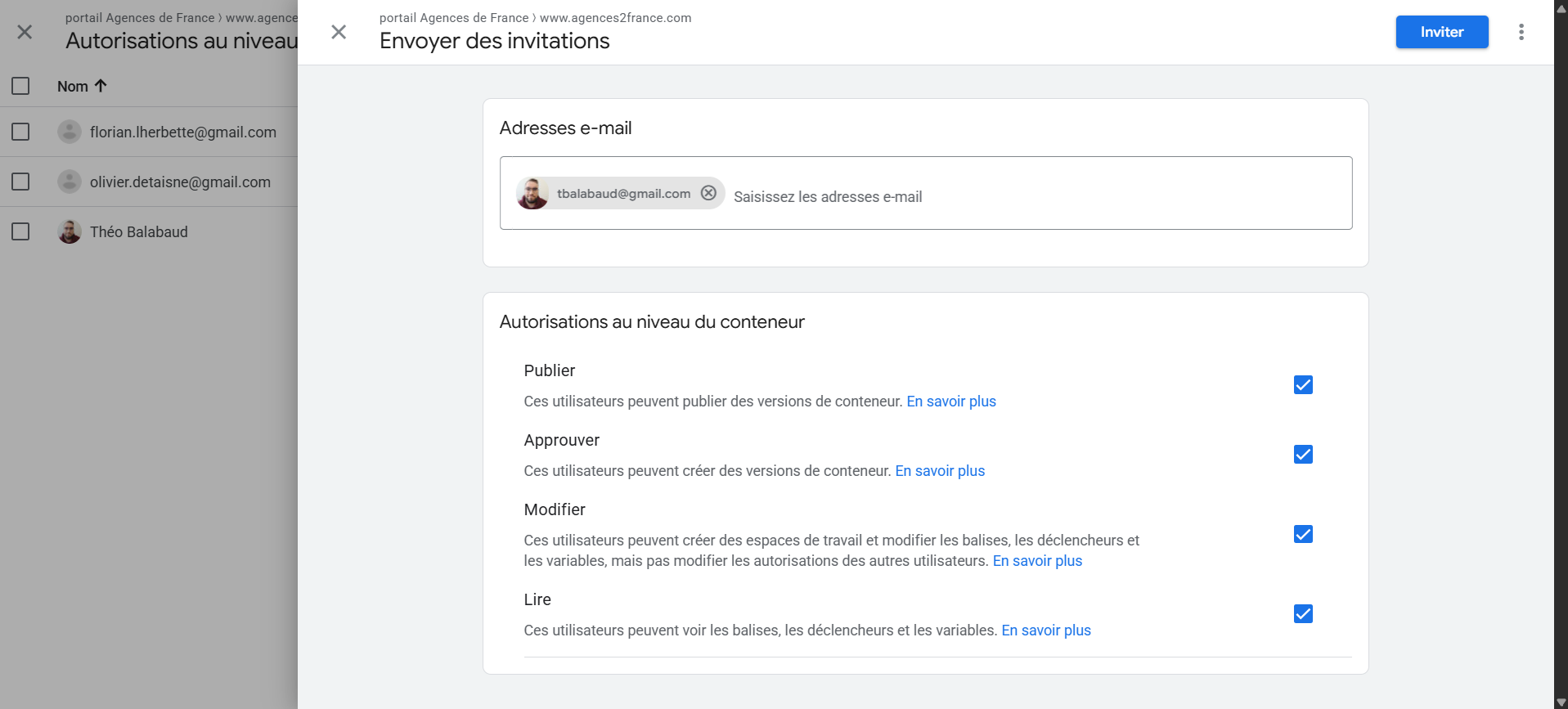 Modale d’ajout d’utilisateur GTM avec droits Administrateur