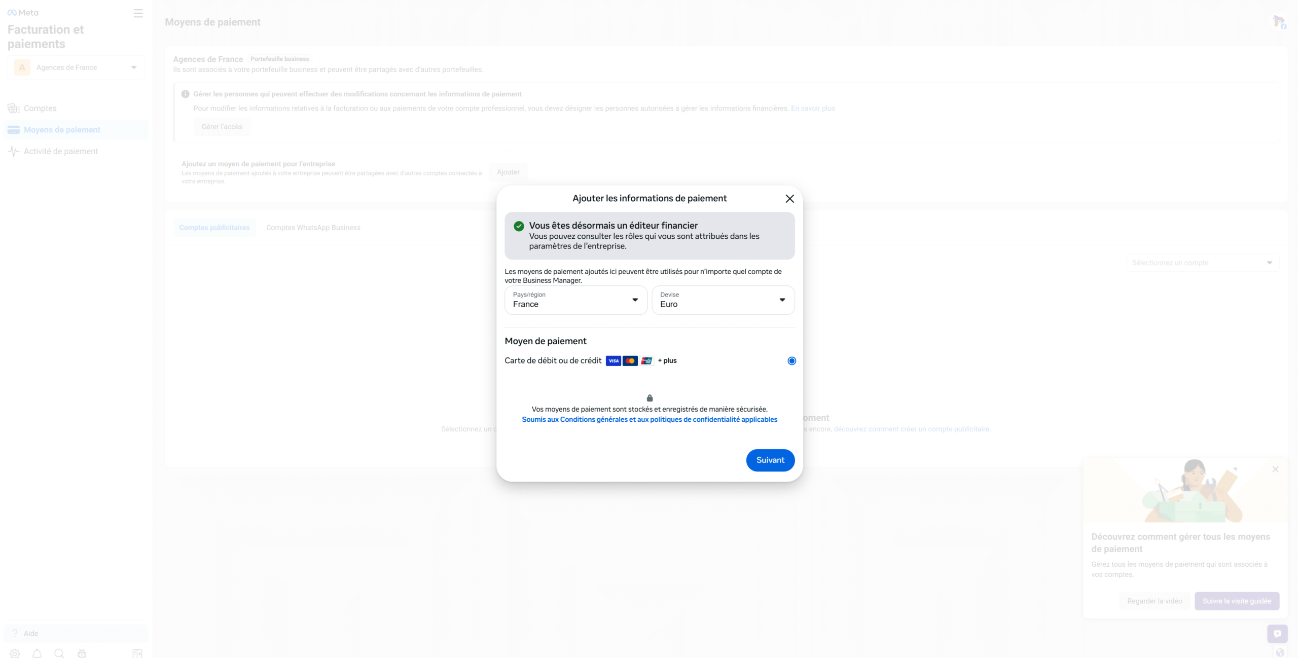 Sélection des informations de paiement
